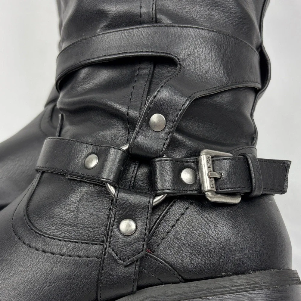 G by Guess Hyderi Black Knee High Riding Boots Buckle Harness Size 9